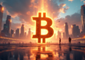 Símbolo de bitcoin con una ciudad de fondo.