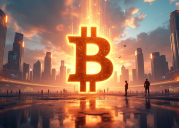 Símbolo de bitcoin con una ciudad de fondo.