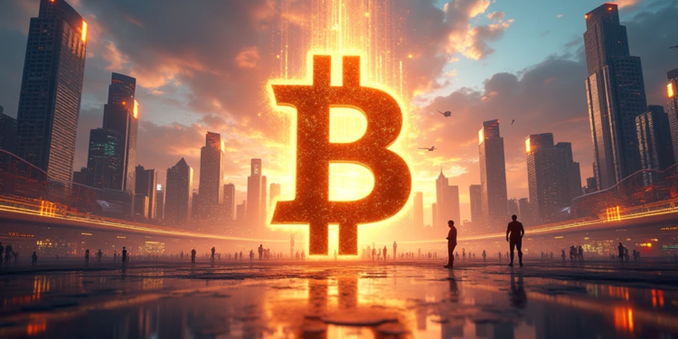 Símbolo de bitcoin con una ciudad de fondo.
