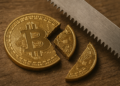 Una moneda de bitcoin dividida en 3 partes.
