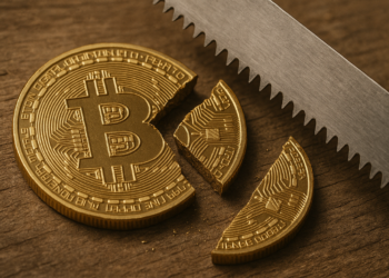 Una moneda de bitcoin dividida en 3 partes.