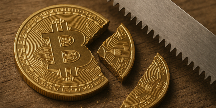 Una moneda de bitcoin dividida en 3 partes.