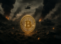 Una moneda de bitcoin en medio de una guerra.
