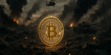Una moneda de bitcoin en medio de una guerra.