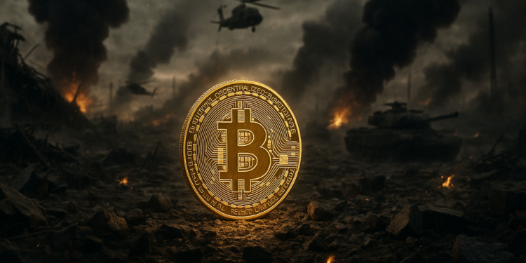 Una moneda de bitcoin en medio de una guerra.