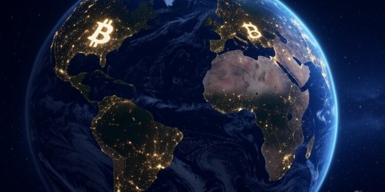 el planeta tierra conectado por bitcoin.