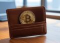 Bitcoin guardado en una cartera sobre un escritorio.