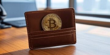 Bitcoin guardado en una cartera sobre un escritorio.