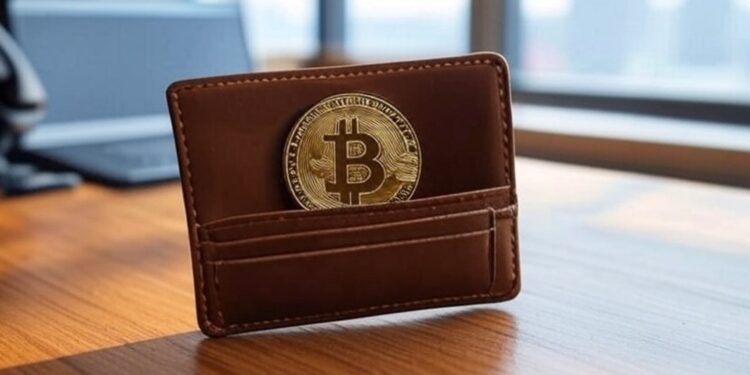 Bitcoin guardado en una cartera sobre un escritorio.