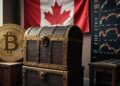 Bitcoin, gráficas de mercado de valores, un cofre y la bandera de Canadá.