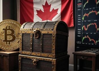 Bitcoin, gráficas de mercado de valores, un cofre y la bandera de Canadá.