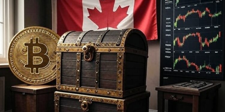 Bitcoin, gráficas de mercado de valores, un cofre y la bandera de Canadá.
