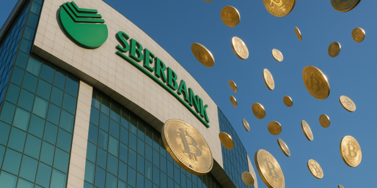 Monedas de bitcoin cayendo desde el banco Sberbank.