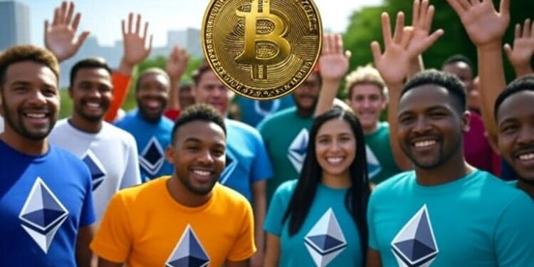Personas saludando a una monera de bitcoin.