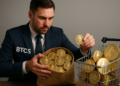 Una persona con una chaqueta que dice BTCS comprando monedas físicas de ETH.