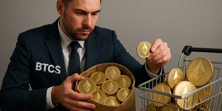 Una persona con una chaqueta que dice BTCS comprando monedas físicas de ETH.