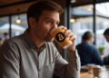 Una persona bebe café de un vaso que tiene el logo de bitcoin.