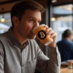 Una persona bebe café de un vaso que tiene el logo de bitcoin.