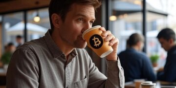 Una persona bebe café de un vaso que tiene el logo de bitcoin.