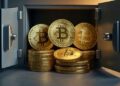 Una caja fuerte repleta de monedas de bitcoin.