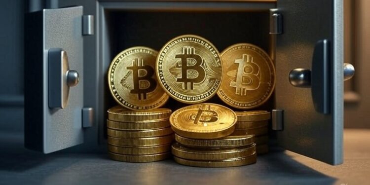 Una caja fuerte repleta de monedas de bitcoin.