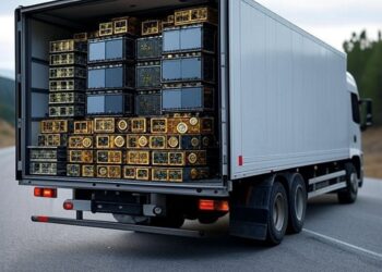 Camión en medio de una ruta lleno de equipos de minería de criptomonedas.