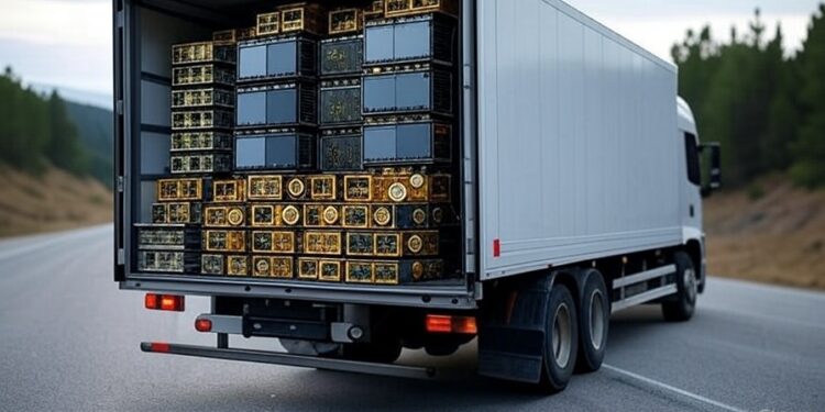 Camión en medio de una ruta lleno de equipos de minería de criptomonedas.