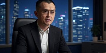 Changpeng Zhao sentado en una oficina.