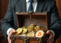Imagen creada con IA de un hombre de traje y corbata sosteniendo un cofre lleno de monedas de bitcoin.