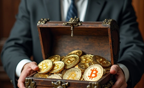Imagen creada con IA de un hombre de traje y corbata sosteniendo un cofre lleno de monedas de bitcoin.