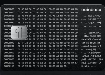 Coinbase Card con el grabado del mensaje del bloque génesis.