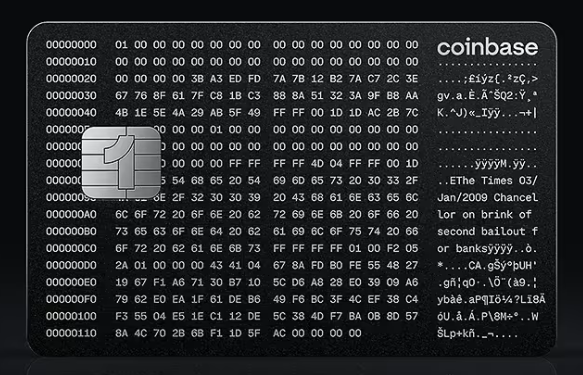 Coinbase Card con el grabado del mensaje del bloque génesis.