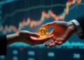 una mano dando a otra una moneda de bitcoin.