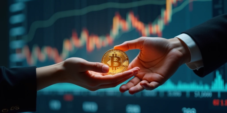una mano dando a otra una moneda de bitcoin.