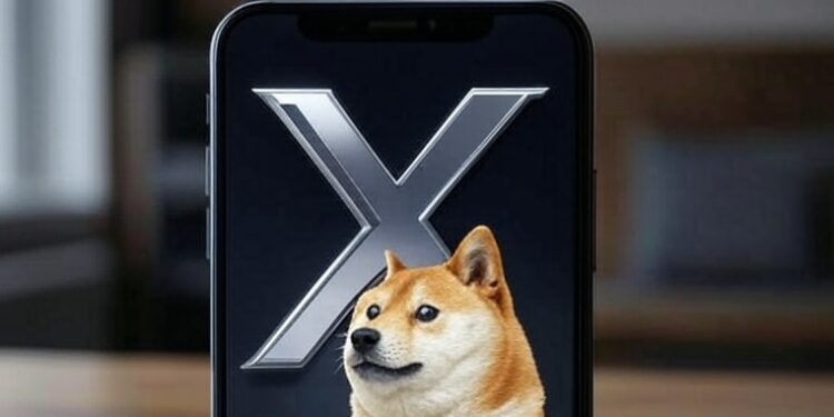 Un celular con el logo de X y un perro shiba inu.
