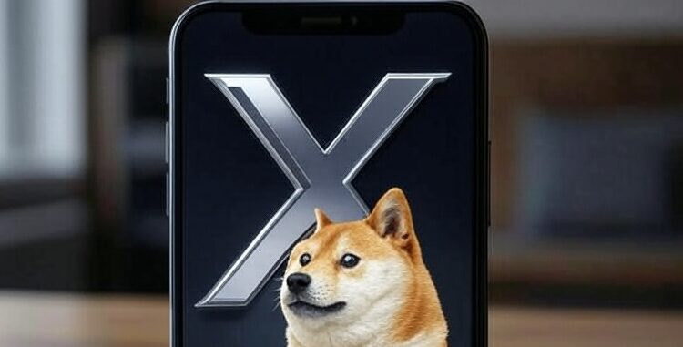 Un celular con el logo de X y un perro shiba inu.