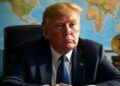 Foto de Donald Trump, presidente de Estados Unidos, y un mapa del mundo atrás.
