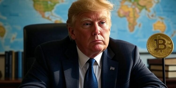 Foto de Donald Trump, presidente de Estados Unidos, y un mapa del mundo atrás.