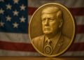 Moneda con la imagen de Trump que representa a este ETF de bitcoin y bandera de Estados Unidos.