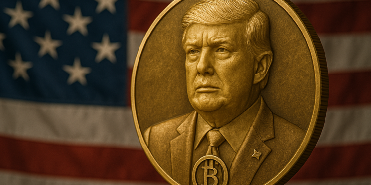Moneda con la imagen de Trump que representa a este ETF de bitcoin y bandera de Estados Unidos.