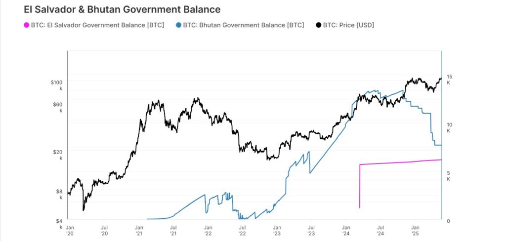 Gráfico que muestra las tenencias de bitcoin de El Salvador y Bután.