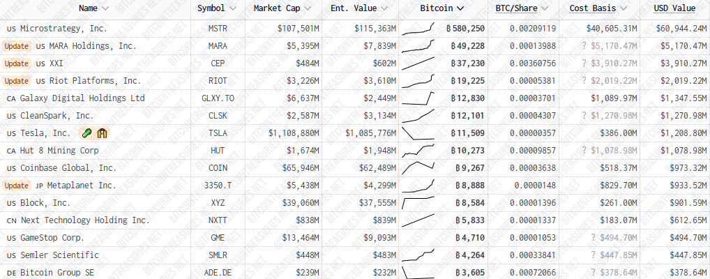 List of 15 companies with more bitcoin in their treasury.