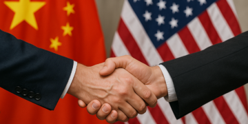 Apretón de manos, delante de las banderas de Estados Unidos y China.