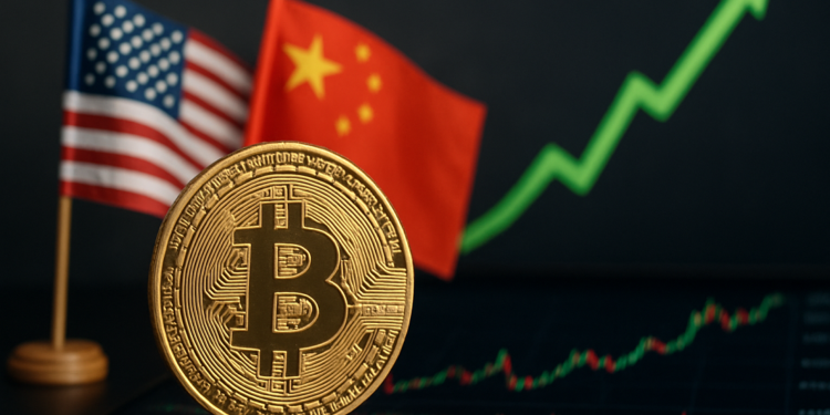 banderas de estados unidos y china; una moneda de bitcoin; flecha verde hacia arriba.