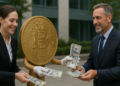 Un bitcoin personificado entrega billetes de dólares a dos personas.