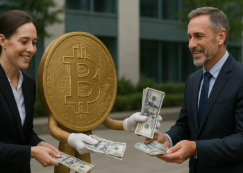 Un bitcoin personificado entrega billetes de dólares a dos personas.