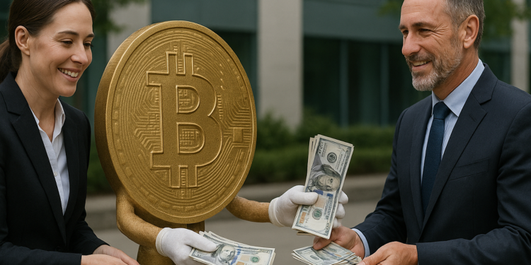Un bitcoin personificado entrega billetes de dólares a dos personas.