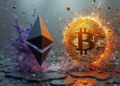 Una moneda de Ethereum al lado de una de bitcoin,