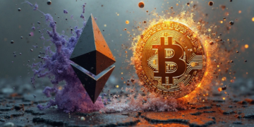 Una moneda de Ethereum al lado de una de bitcoin,
