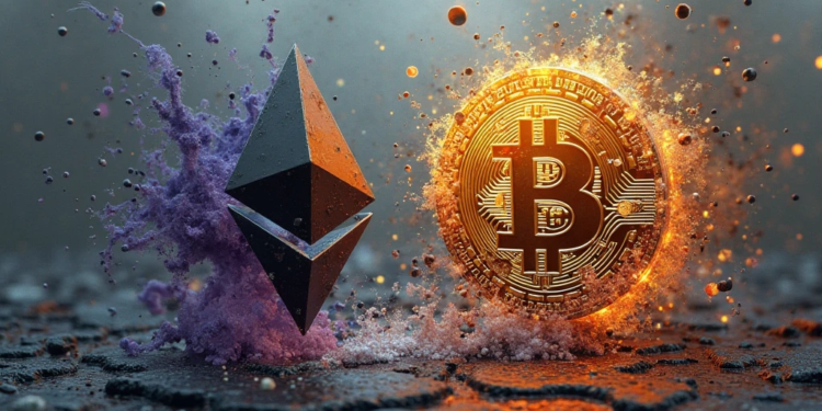Una moneda de Ethereum al lado de una de bitcoin,